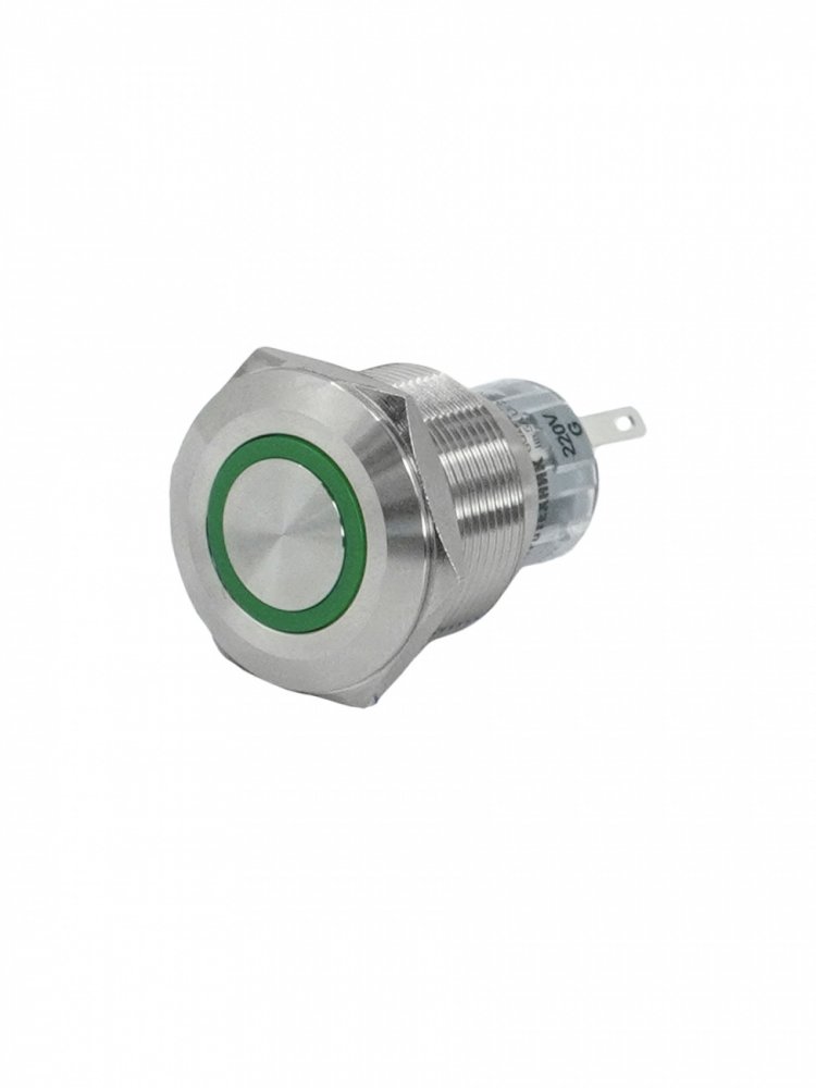 GQ22-L-11E/G/220V/S, зелёный, металл, 1C1NO1NC, цилиндр с подсветкой 220В AC/DC, d22мм, IP65, выключатель кнопочный  (ЭТ)