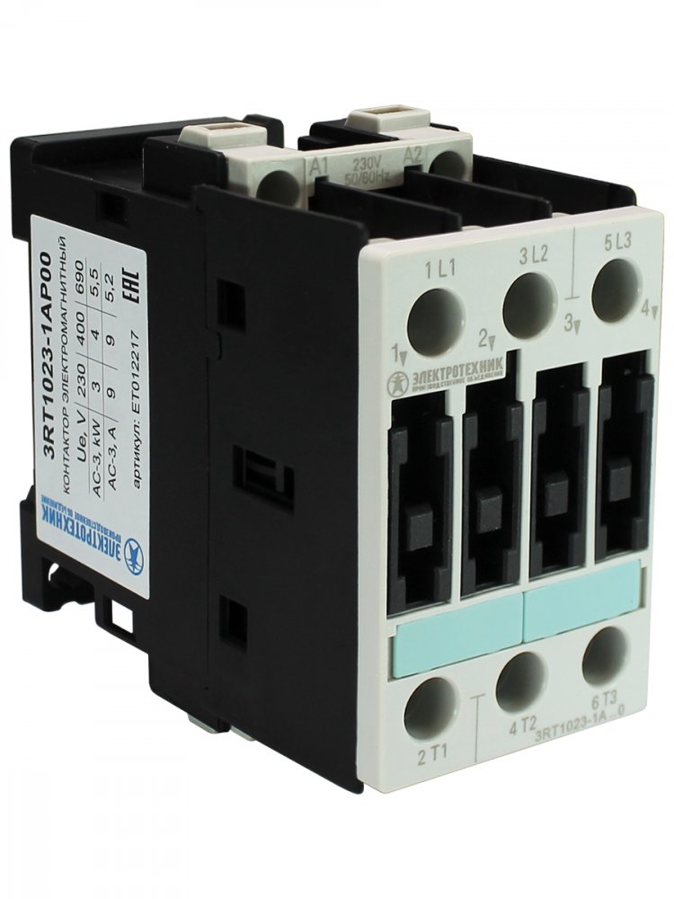 3RT1023-1AP00, 3-пол., 9A, AC-3, 4кВт/400V, 230V AC, 50/60Гц, типоразмер S0, винтовые клеммы, IP20, контактор электромагнитный  (ЭТ)