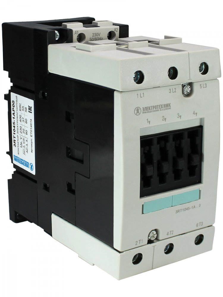3RT1045-1AP00, 3-пол., 80A, AC-3, 37кВт/400V, 230V AC, 50/60Гц, типоразмер S3, винтовые клеммы, IP20, контактор электромагнитный  (ЭТ)
